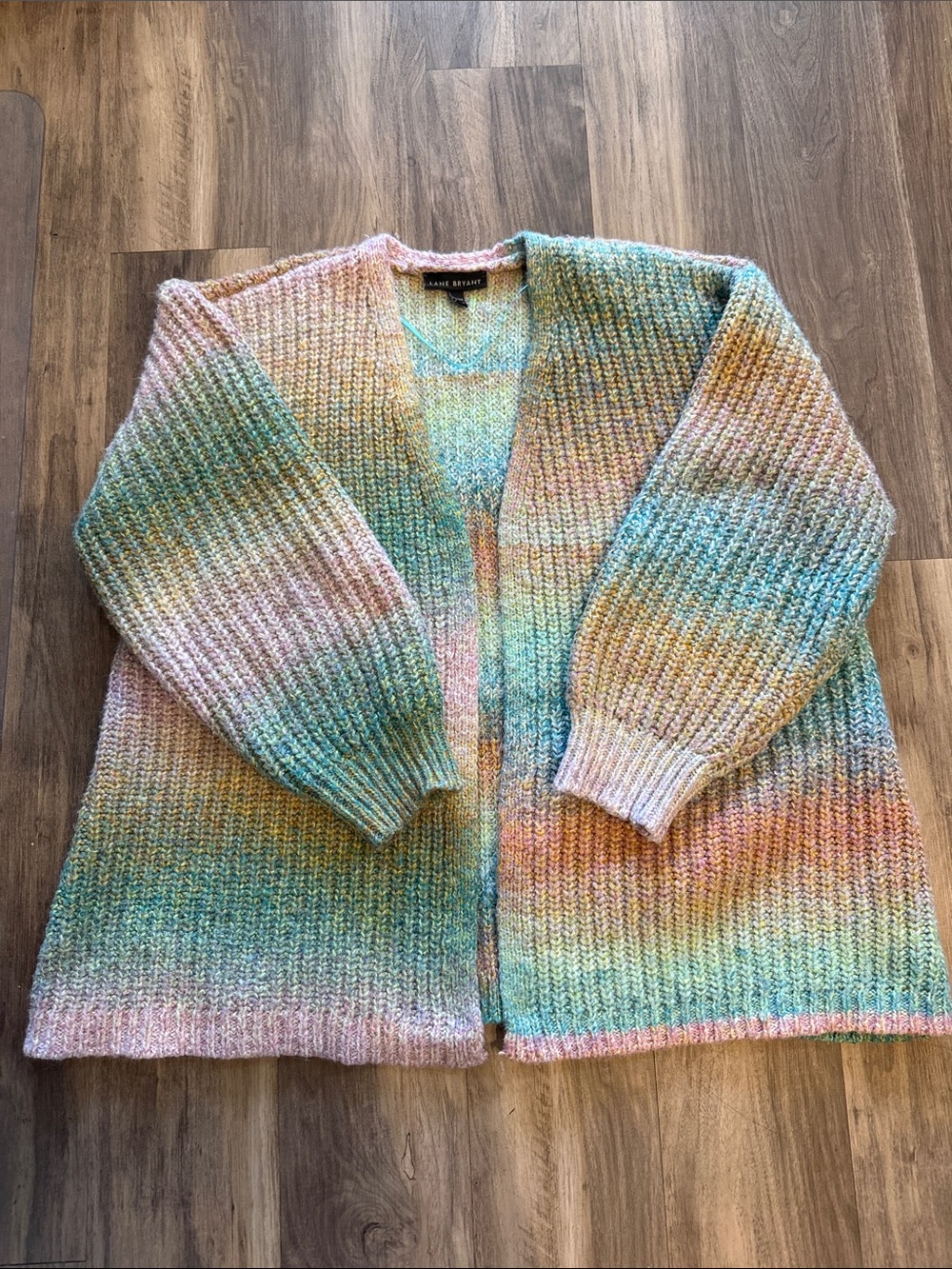 Lane Bryant Pastel Gradient Open-Front Cardigan in Mint, Pink & Yellow